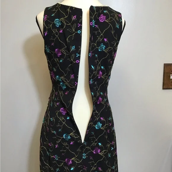 Vintage 90s Nicole Miller Floral Midi Embroidered Lace V-Neck Black Dress Size 8 - Picture 10 of 16